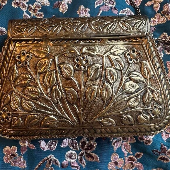 BHLDN Anthropologie Gold Metal Brienne Embossed St Xavier Bridal Clutch - Picture 5 of 7